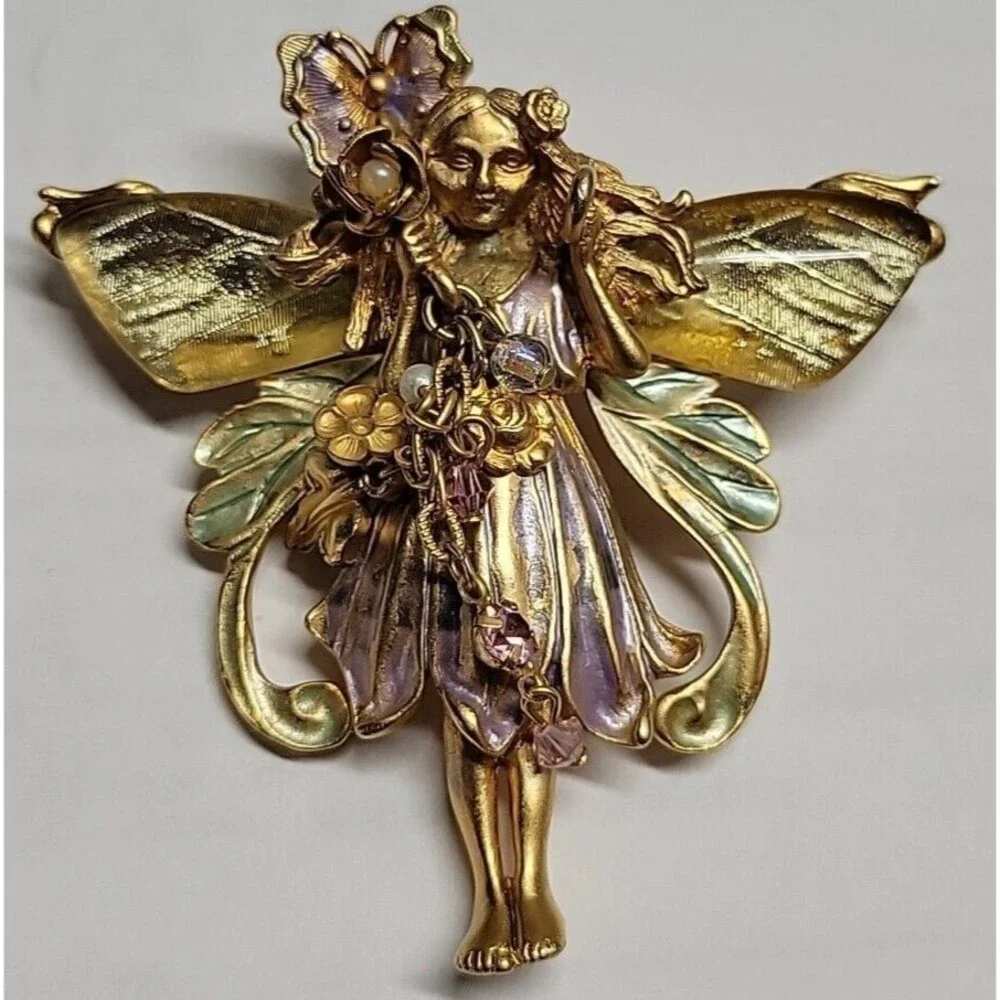 Vtg Kirk's Folly Enamel Primrose Flower Magic Garden Fairy Brooch‎ Pin Pendant